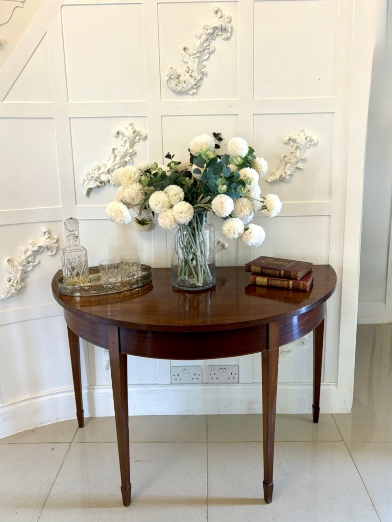Large Pair of Antique George III Quality Figured Mahogany Demi Lune Shaped Console Tables - Image 2